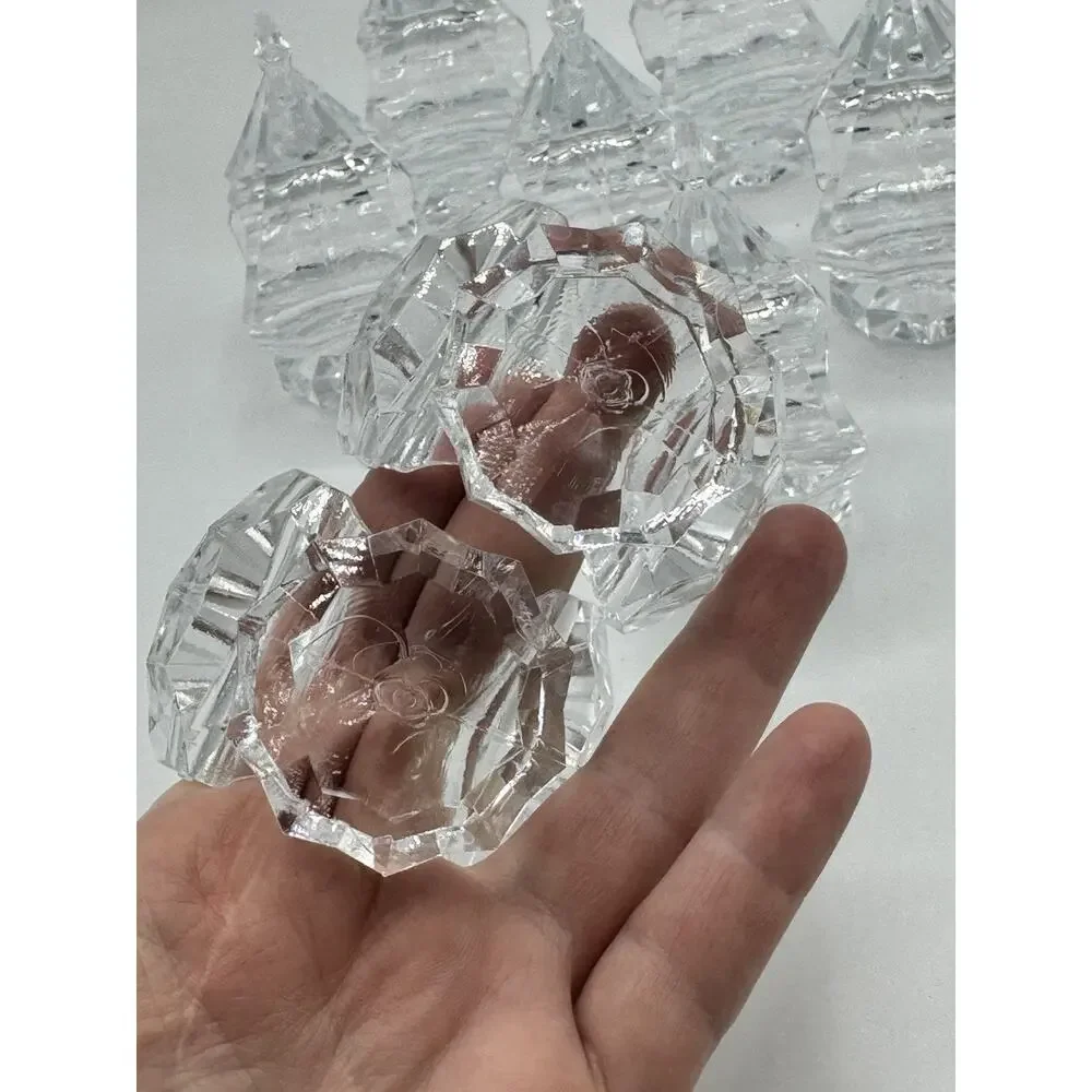 Set of 8 Clear Christmas Tree Diamond Cut Napkin Rings Acrylic Lucite MCM